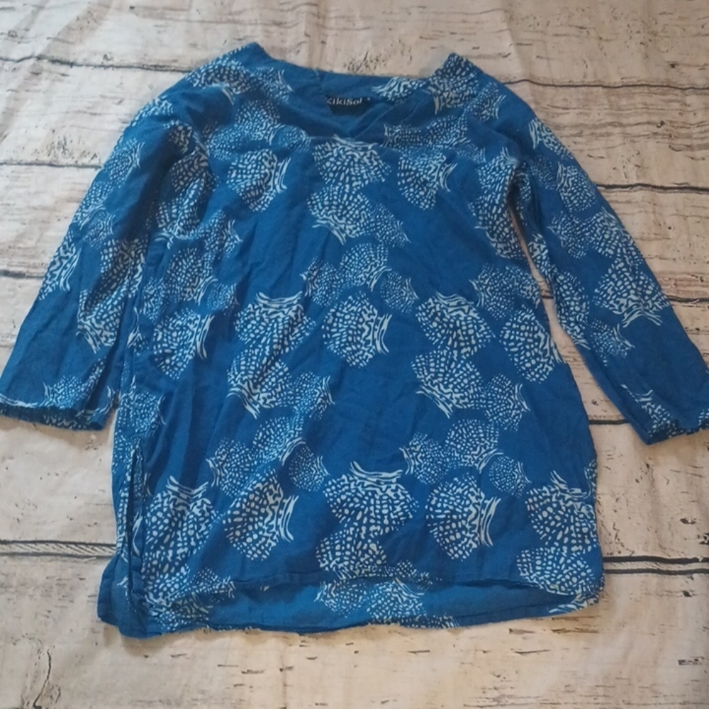 KikiSol Blue White Shell Print Cotton Tunic Caftan Top S